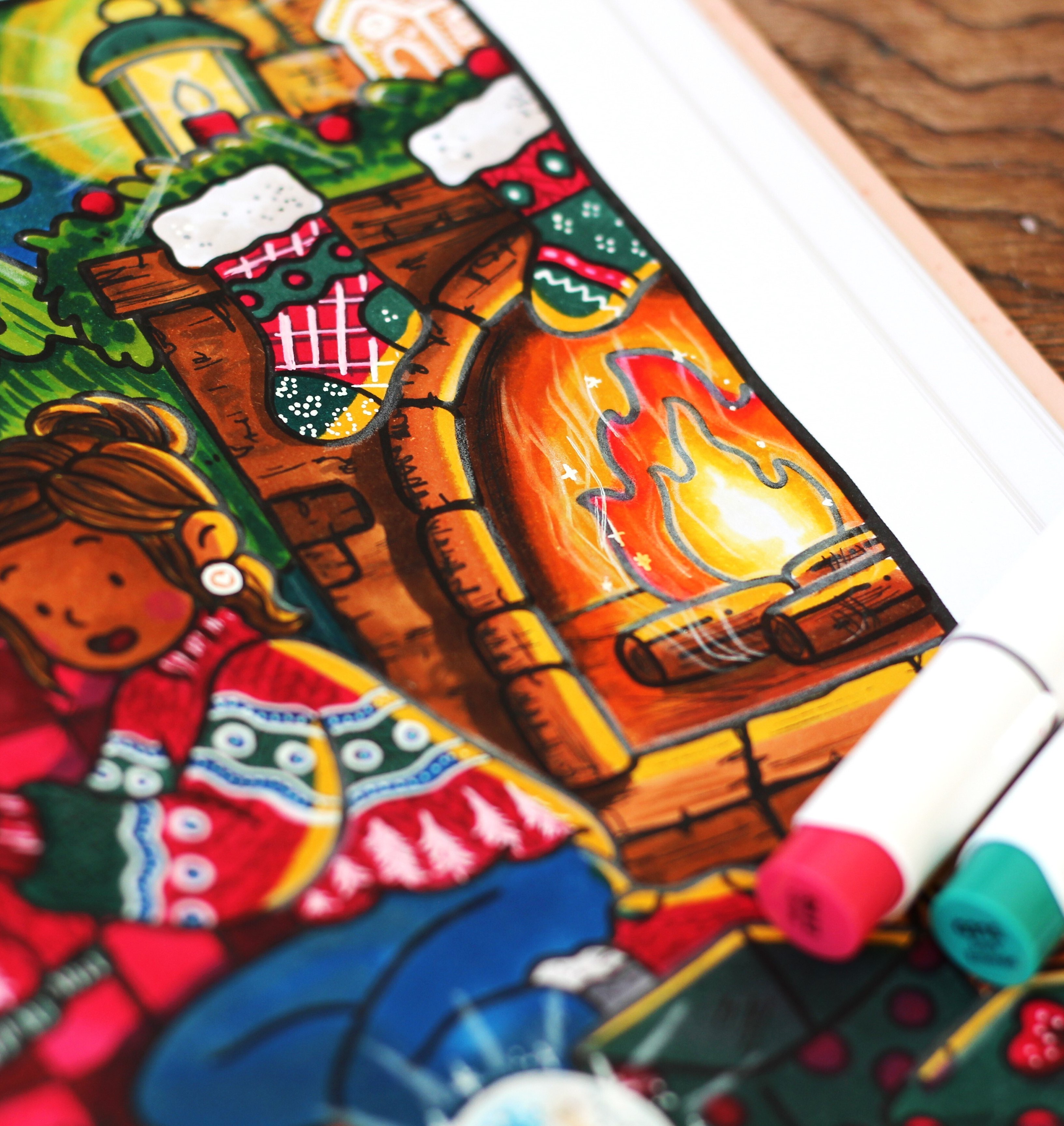 Kerst cozy kleuren kleurplaat met alcoholmarkers