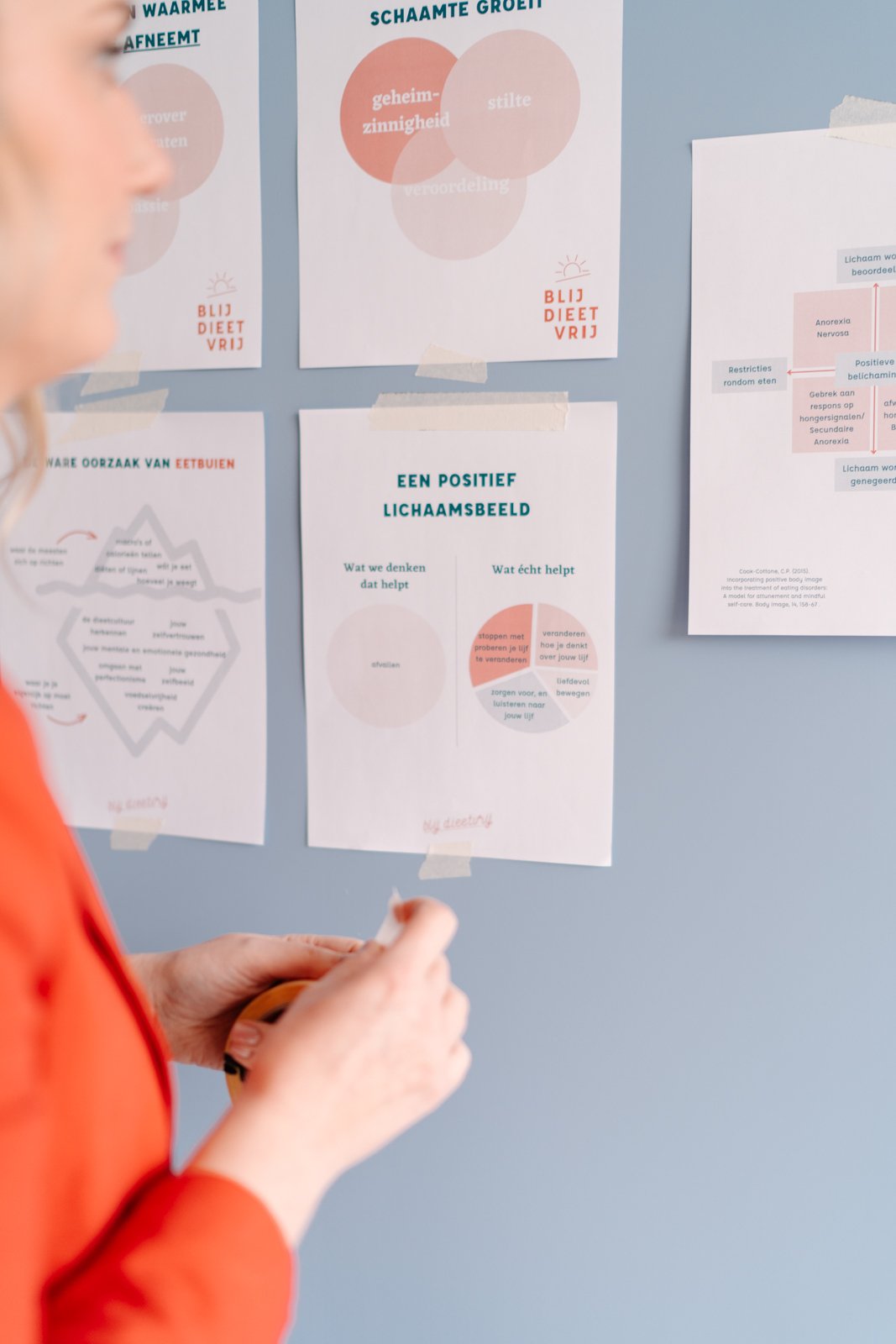 Posters van Blij Dieetvrij over lichaamsbeeld en eetbuien aan de muur