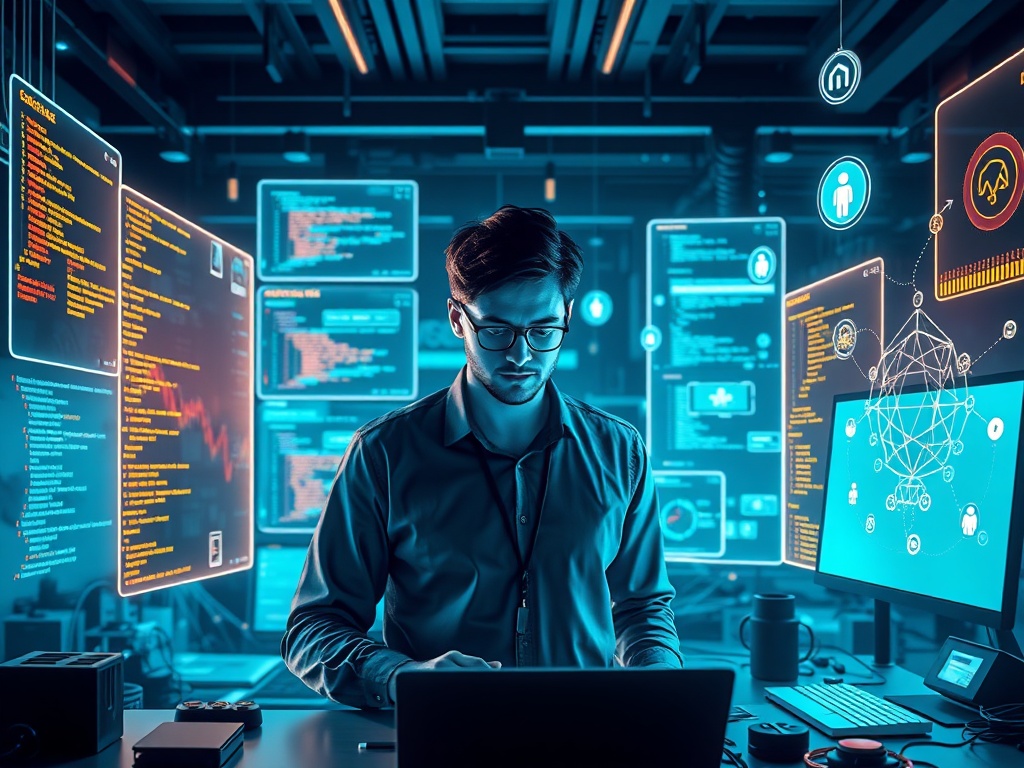 A futuristic digital workspace with "glowing holographic screens" showing "code snippets" and "AI icons," a "focused developer" surrounded by "floating data streams" and "tech gadgets."