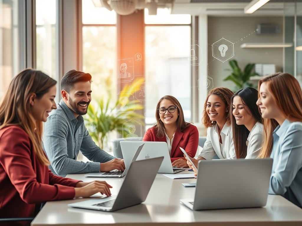 A diverse group of professionals happily collaborating in a modern office, laptops open, AI holograms floating, bright natural light, futuristic yet warm atmosphere.