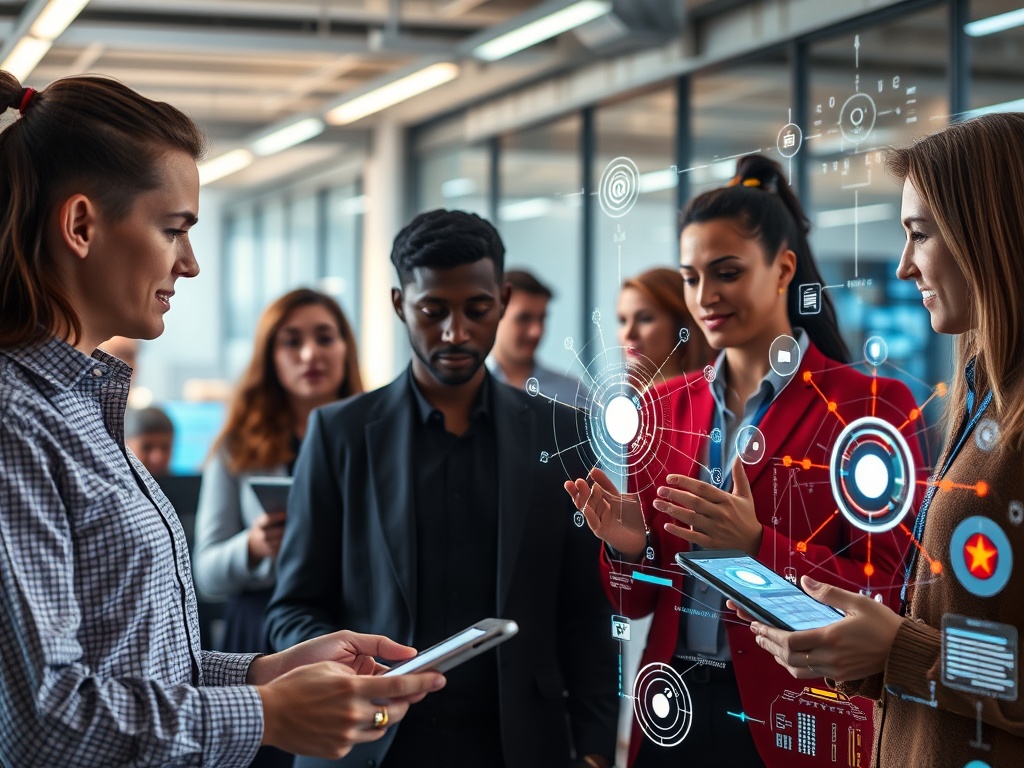 A diverse group of ICT professionals engaging with futuristic AI interfaces, glowing holographic code, dynamic workflow diagrams, modern office background, vibrant and inspiring atmosphere.