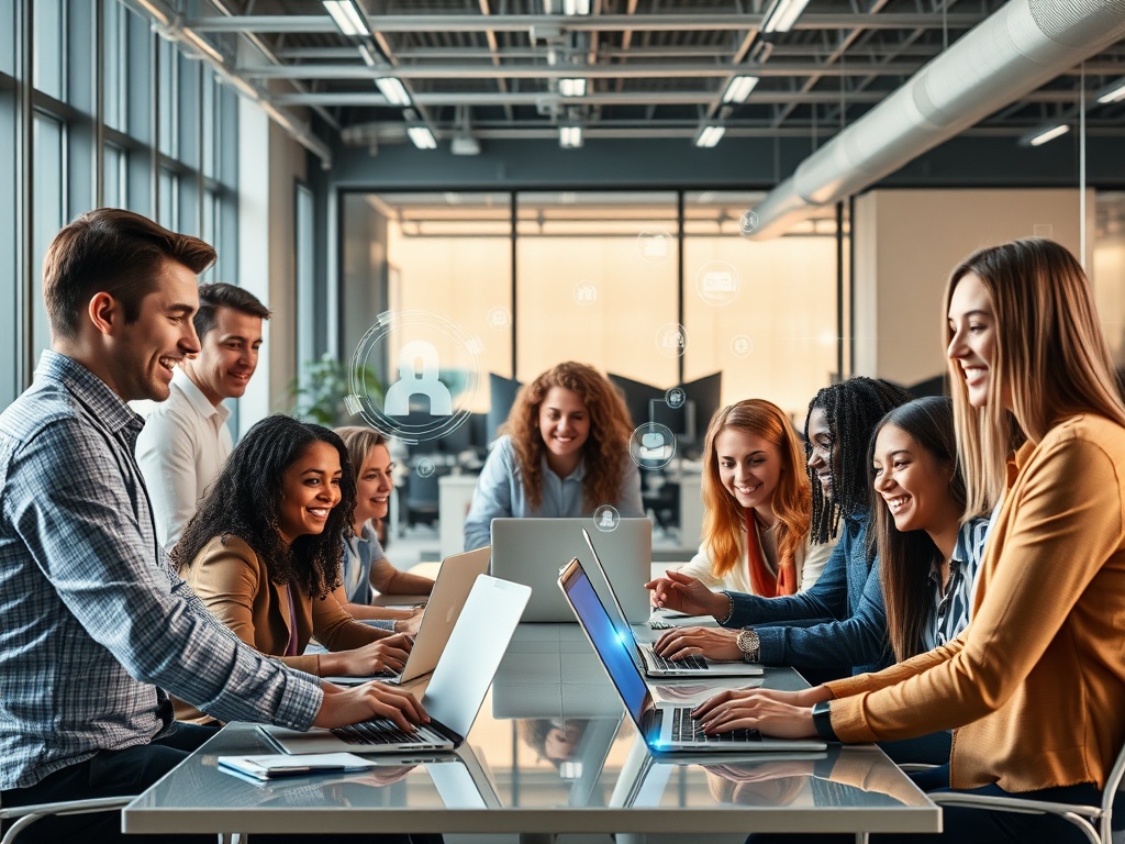 A diverse group of professionals happily collaborating in a modern office, laptops open, AI holograms floating, bright natural light, futuristic yet warm atmosphere.