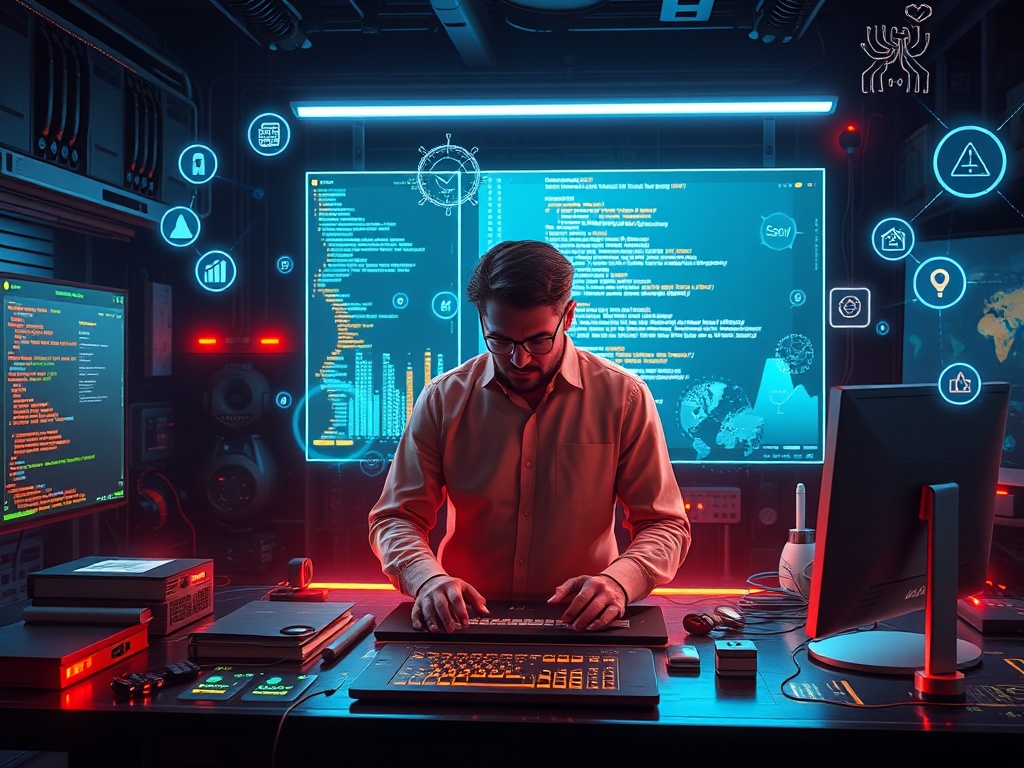 A futuristic digital workspace with "glowing holographic screens" showing "code snippets" and "AI icons," a "focused developer" surrounded by "floating data streams" and "tech gadgets."
