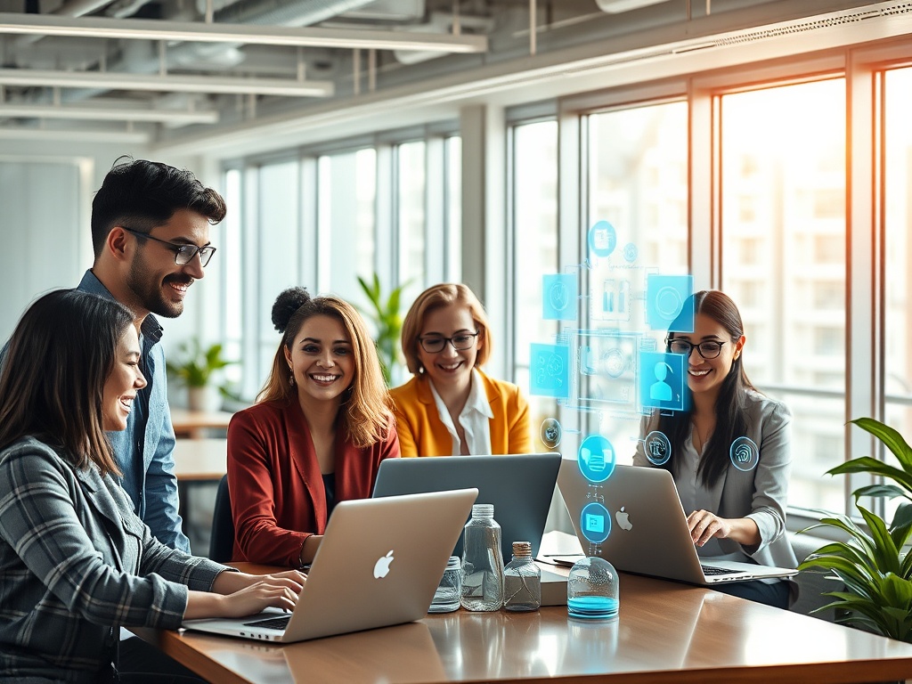 A diverse group of professionals happily collaborating in a modern office, laptops open, AI holograms floating, bright natural light, futuristic yet warm atmosphere.