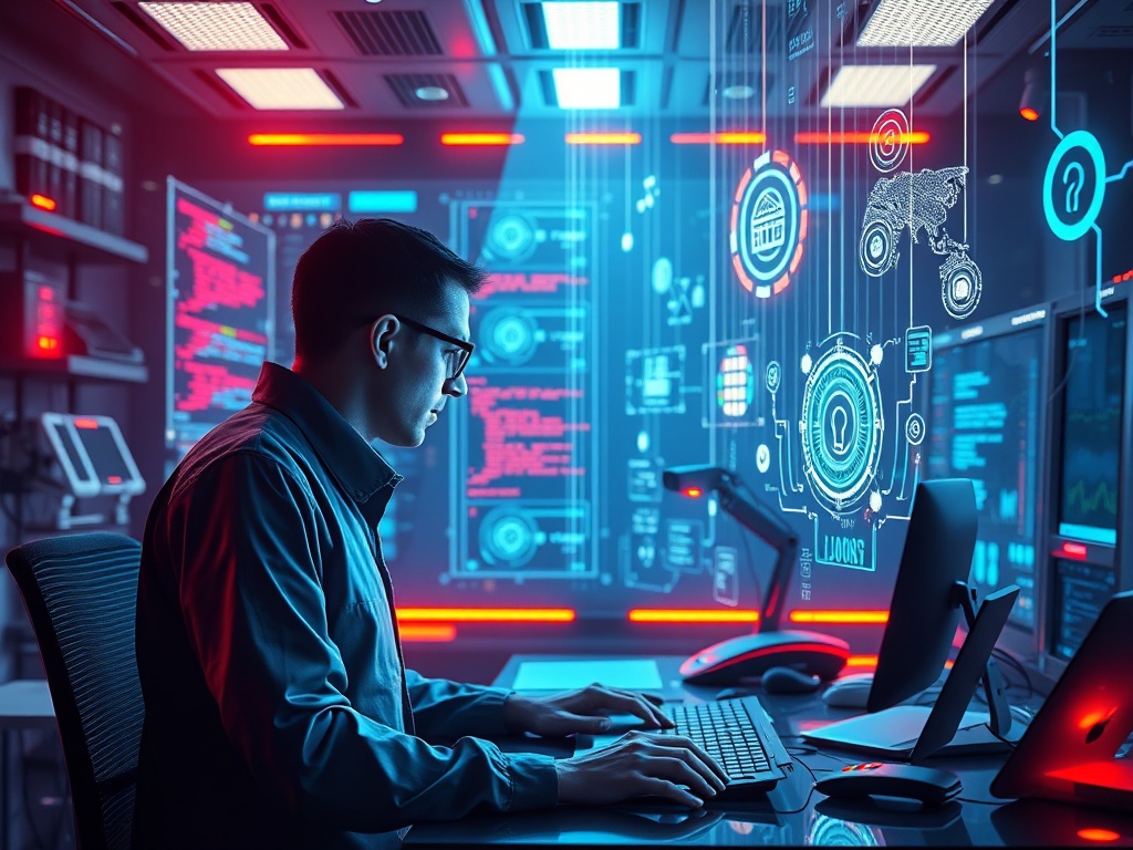 A futuristic digital workspace with "glowing holographic screens" showing "code snippets" and "AI icons," a "focused developer" surrounded by "floating data streams" and "tech gadgets."