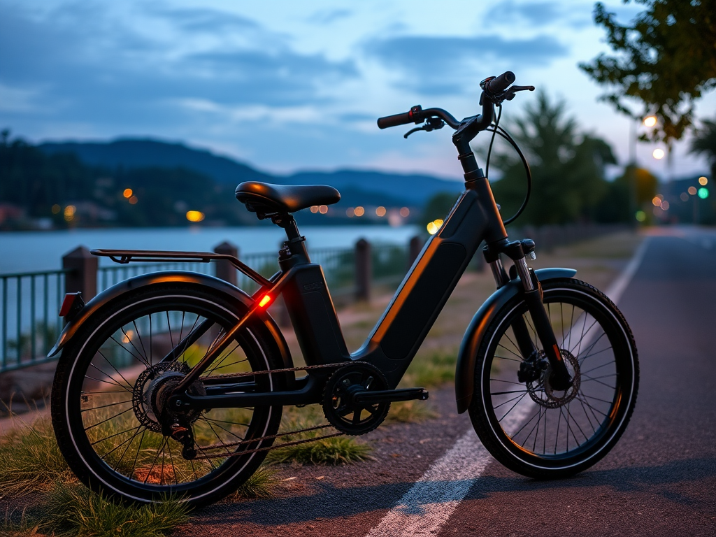 Een slanke zwarte e-bike geparkeerd langs een schilderachtige route.