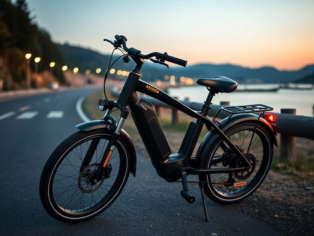 Een moderne zwarte e-bike geparkeerd langs een schilderachtige route.