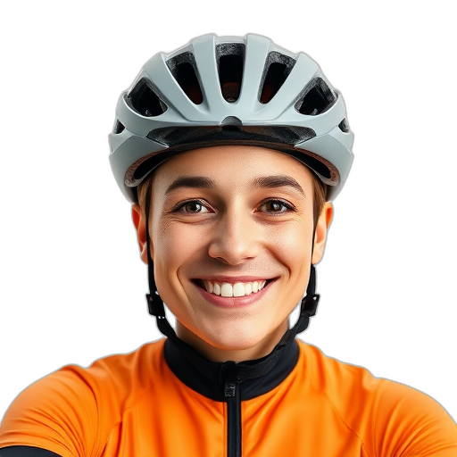 Een persoon met een glimlach en een fietshelm.