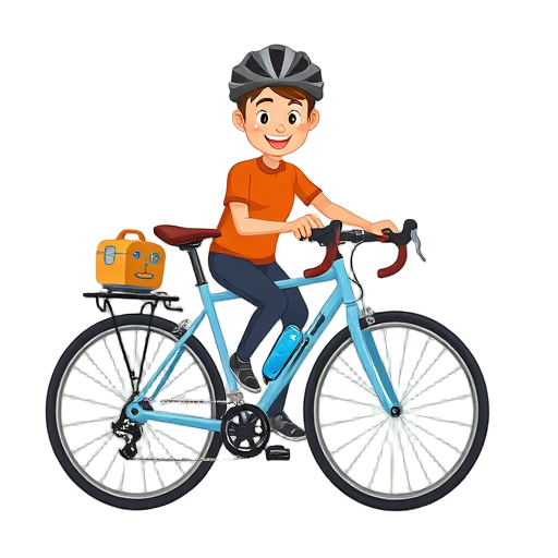 Blije fietser op een blauwe e-bike met gereedschap.