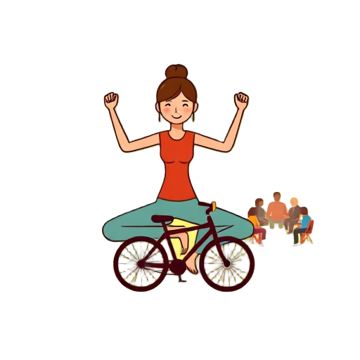 Vrouw in yoga-houding op een fiets met groep mensen.