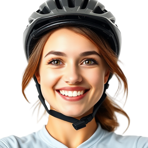 Een glimlachende persoon met een helm op.