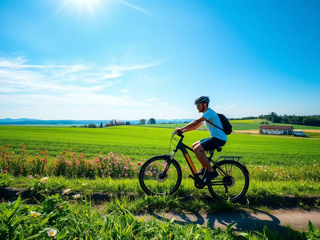 Fietser op een E-bike in een groen landschap.