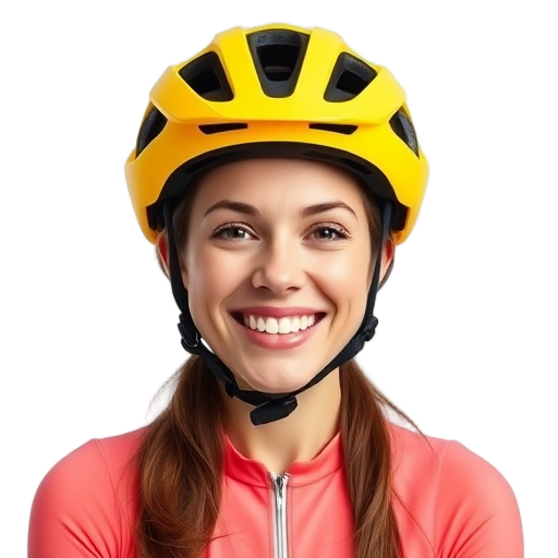 Een lachende persoon met een gele helm op.