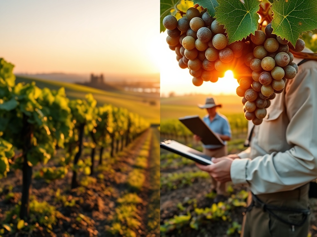 "Vineyard terrace at golden hour" "Close-up healthy grape clusters with morning dew" "Viticulturist inspecting soil with clipboard" "Windbreaks and drip-irrigation lines visible" "Calm Dutch polder landscape in background"