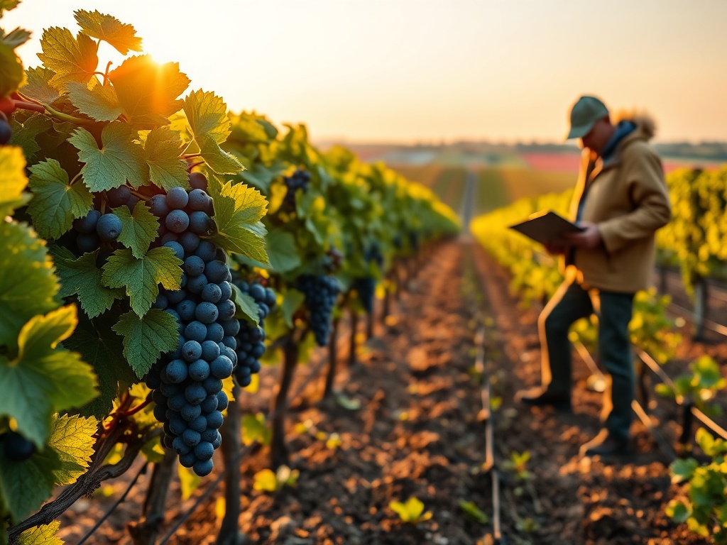 "Vineyard terrace at golden hour" "Close-up healthy grape clusters with morning dew" "Viticulturist inspecting soil with clipboard" "Windbreaks and drip-irrigation lines visible" "Calm Dutch polder landscape in background"