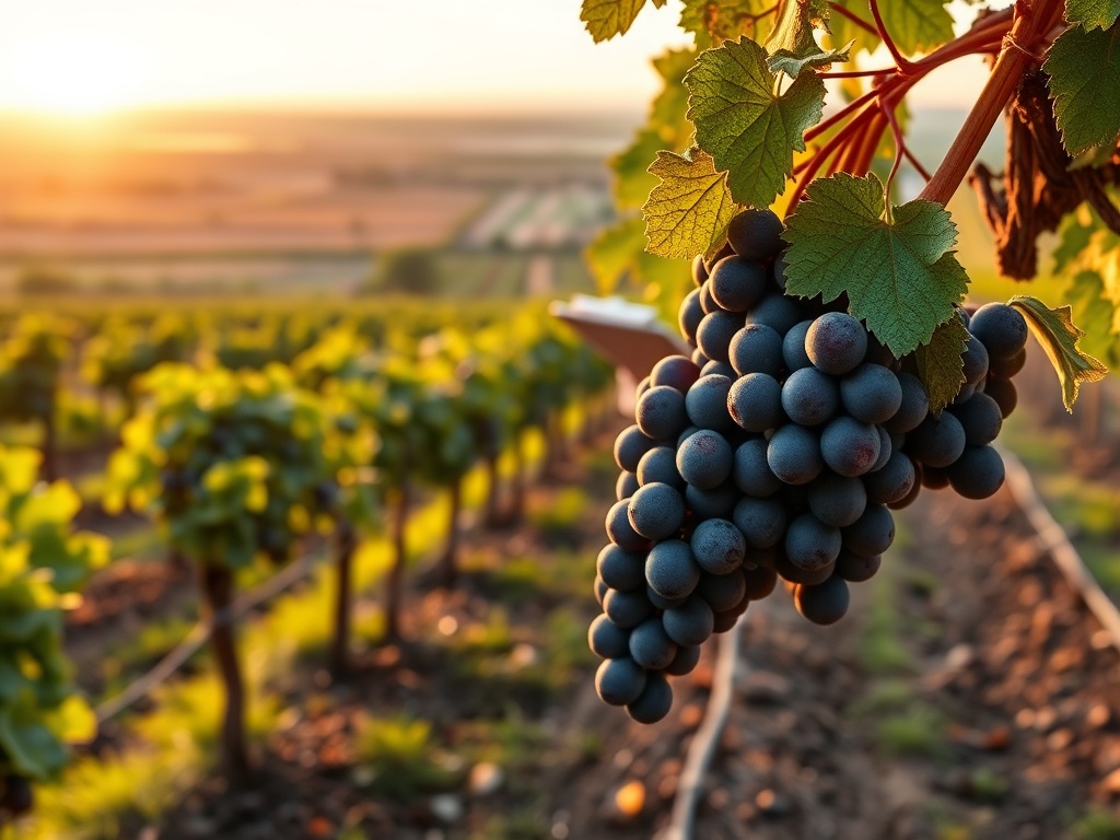 "Vineyard terrace at golden hour" "Close-up healthy grape clusters with morning dew" "Viticulturist inspecting soil with clipboard" "Windbreaks and drip-irrigation lines visible" "Calm Dutch polder landscape in background"