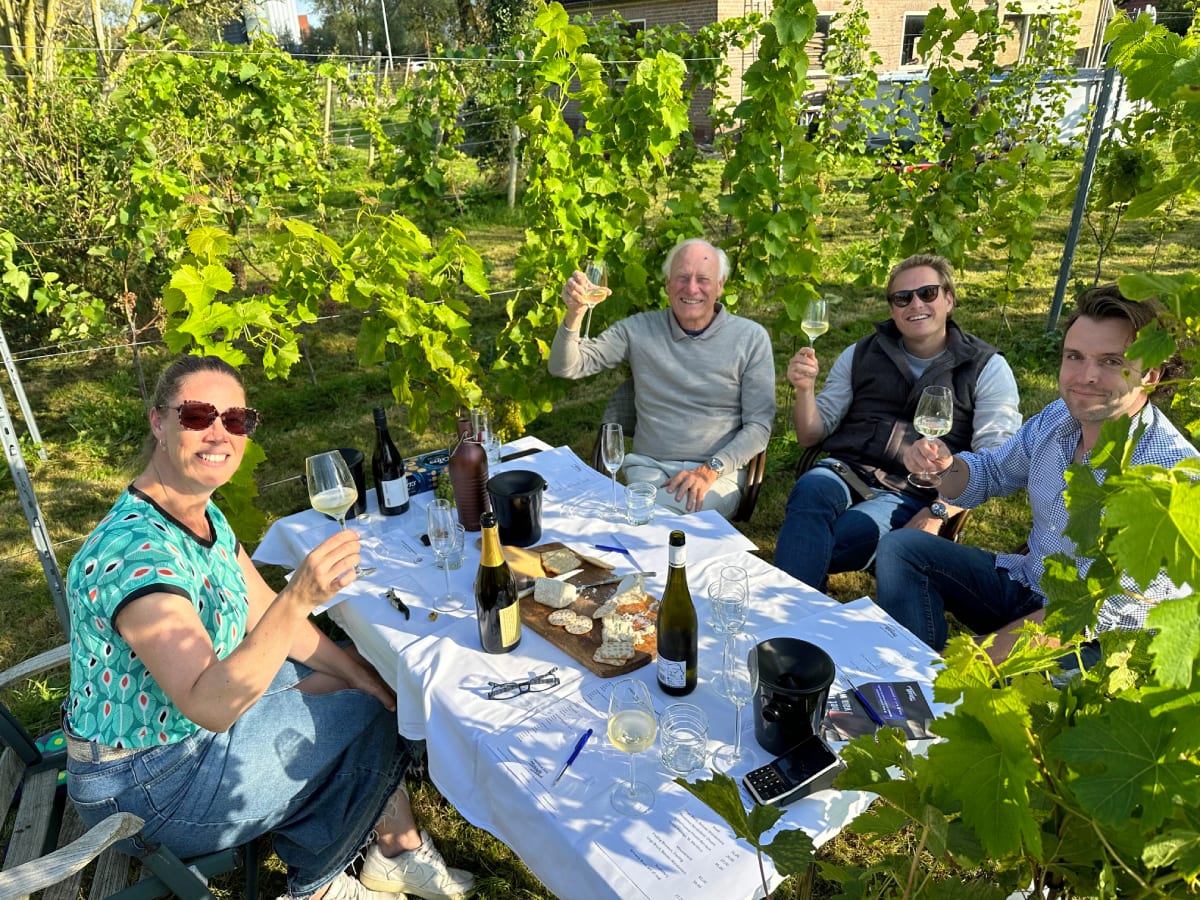 Proeverij aan een lange tafel in de wijngaard: gasten proosten met Nederlandse wijn tussen de druivenstokken