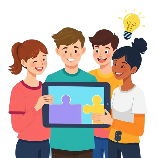 "group students" "digital tablet" "puzzle pieces" "bright colors" "teamwork" "light bulb" "growth chart" "game controller"