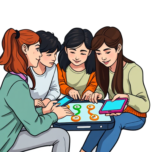 "group students" "digital devices" "colorful game" "collaborative learning" "skill icons" "progress path" "creative tasks"