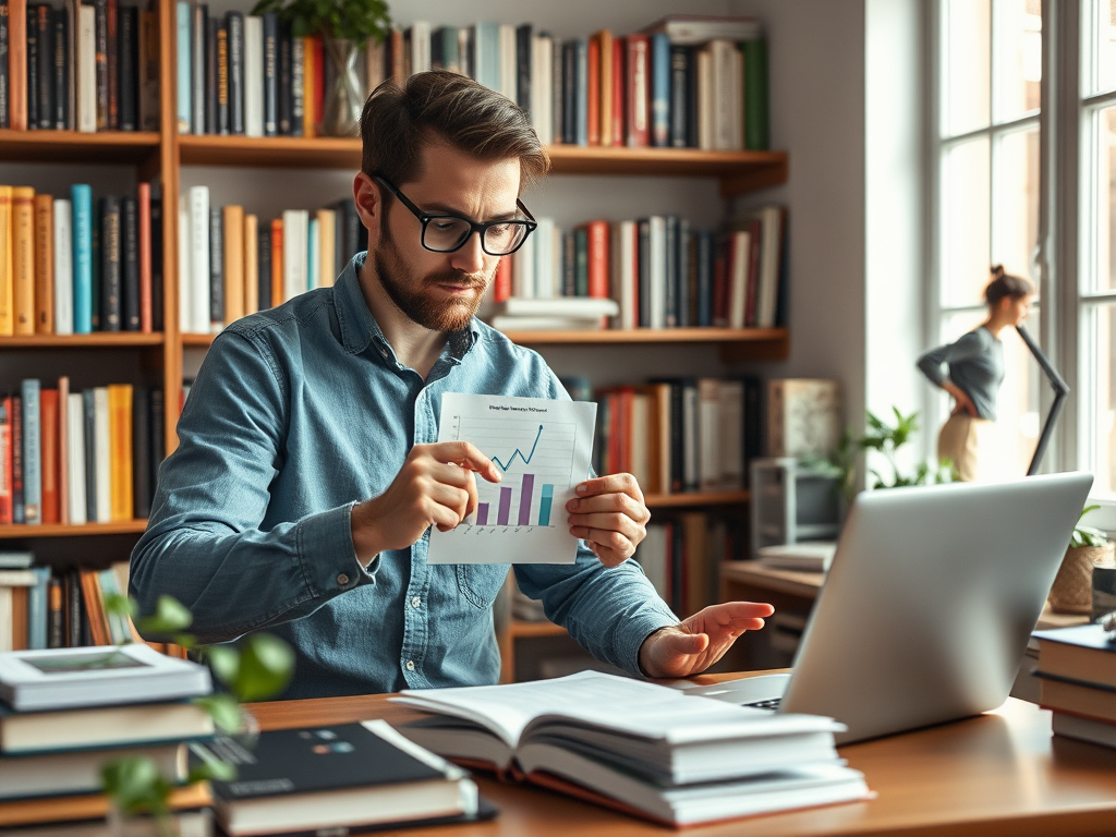 Een ondernemer in een gezellige kantoorruimte, analyserend.