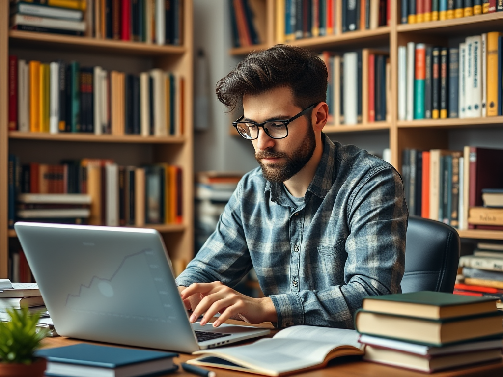 Een ondernemer in een knusse kantooromgeving, achter een laptop.