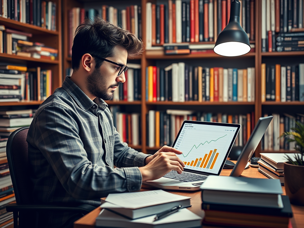 Een ondernemer analyseert grafieken in een gezellige kantoorruimte.