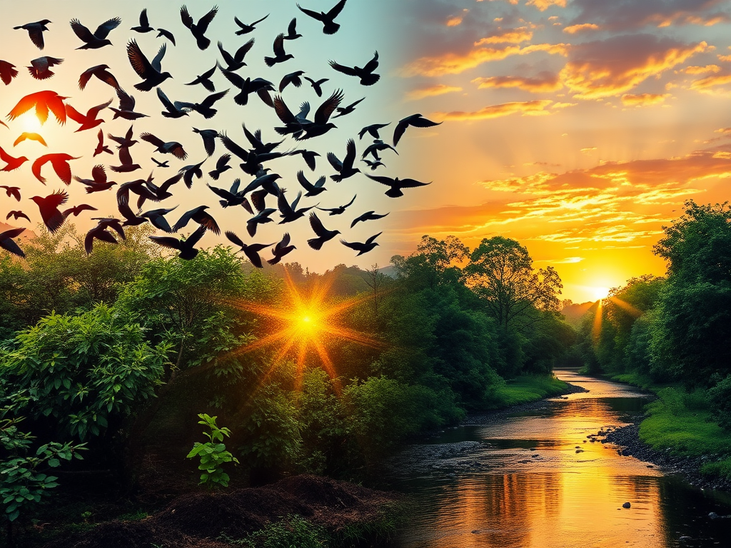 "a vibrant swarm of starlings in dynamic flight" "a lush green forest with sun rays filtering through leaves" "people planting trees together in harmony" "a calm river reflecting a colorful sunset sky" "symbols of growth and connection subtly blended into