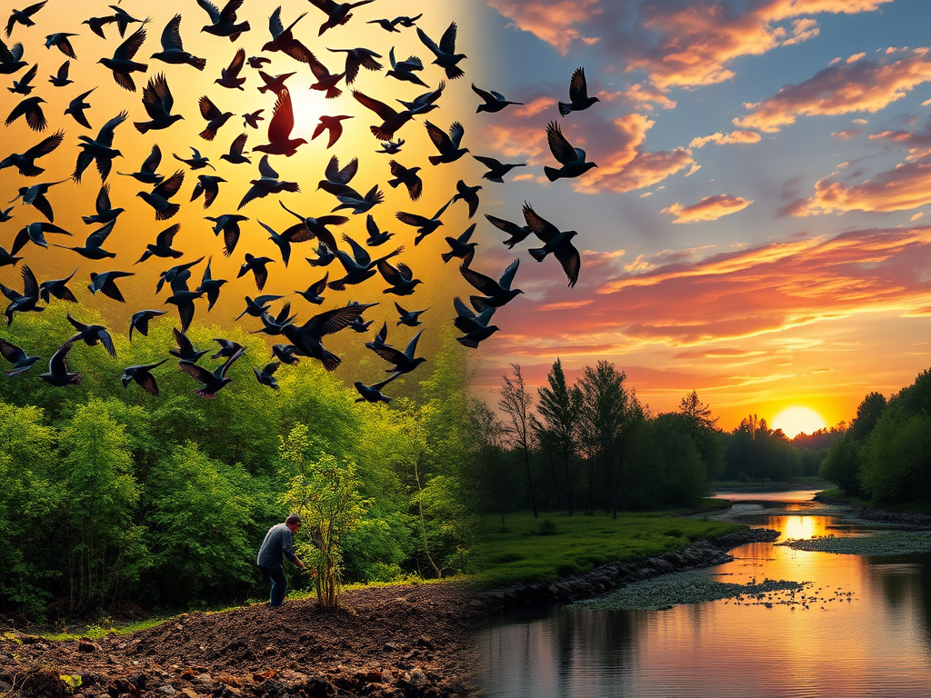 "a vibrant swarm of starlings in dynamic flight" "a lush green forest with sun rays filtering through leaves" "people planting trees together in harmony" "a calm river reflecting a colorful sunset sky" "symbols of growth and connection subtly blended into