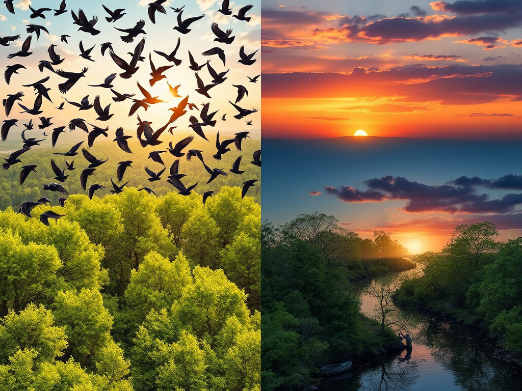 "a vibrant swarm of starlings in dynamic flight" "a lush green forest with sun rays filtering through leaves" "people planting trees together in harmony" "a calm river reflecting a colorful sunset sky" "symbols of growth and connection subtly blended into