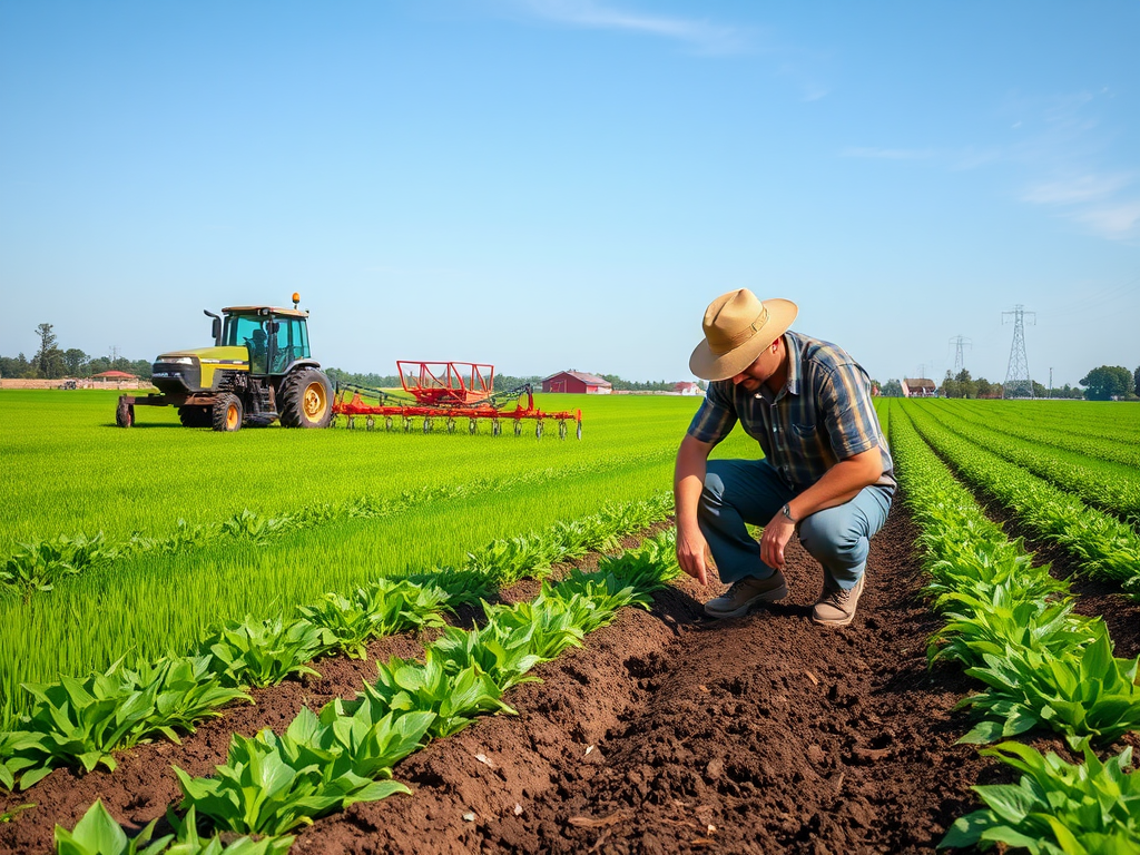 Een boer onderzoekt de grond in een groene akker.
