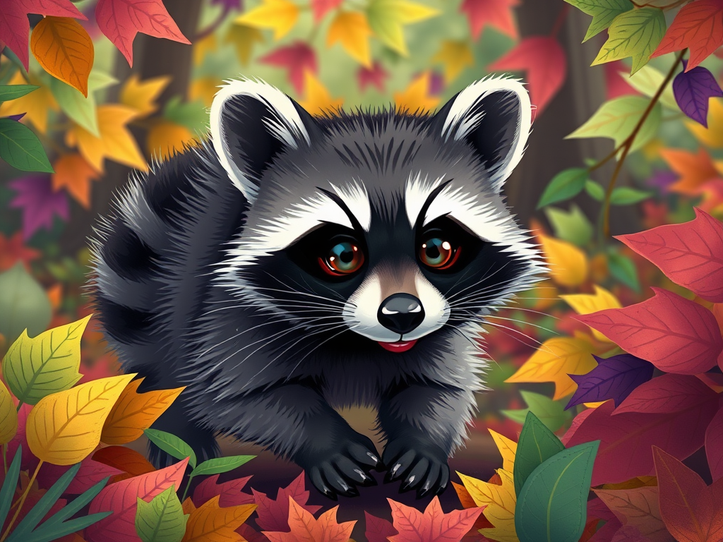 Een schattige raccoon in een kleurrijk bos.