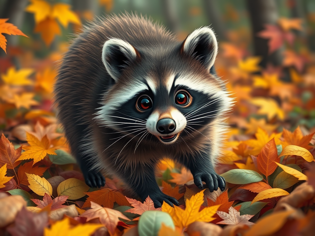 Een speelse wasbeer tussen kleurrijke herfstbladeren.