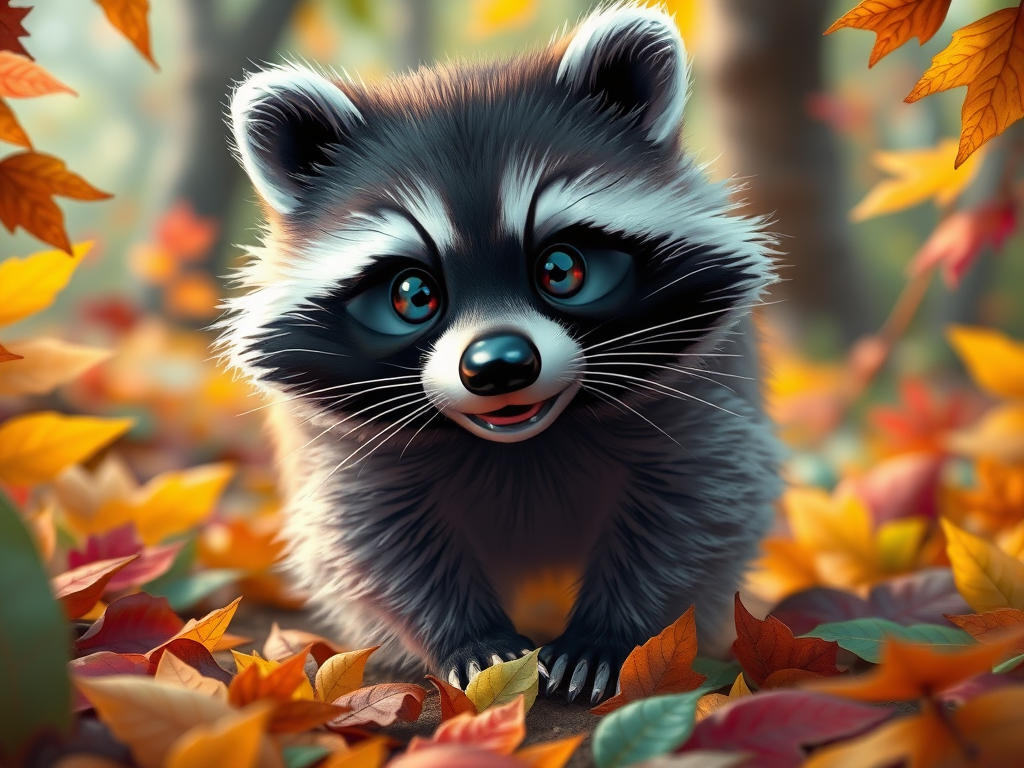 Een speelse wasbeer in een kleurrijk herfstlandschap.