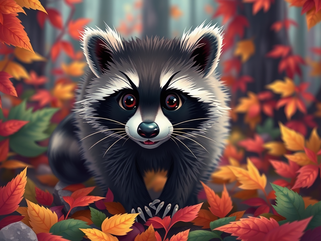 Een speelse wasbeer in een kleurrijk herfstlandschap.