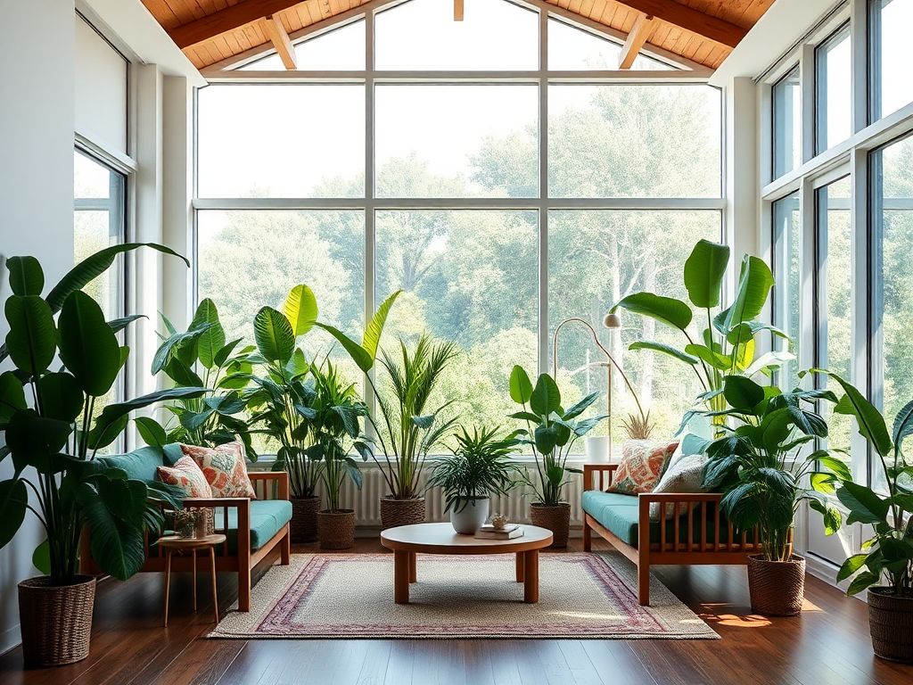 Een rustige woonkamer met monstera-planten en veel licht.