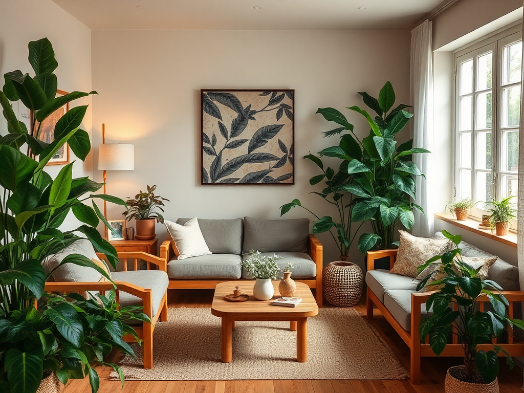 Een serene woonkamer met groene planten en houten meubels.