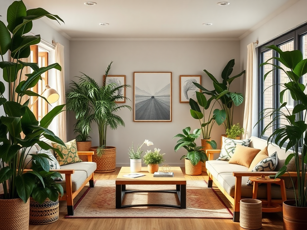 Een serene woonkamer met groene planten en houten meubels.