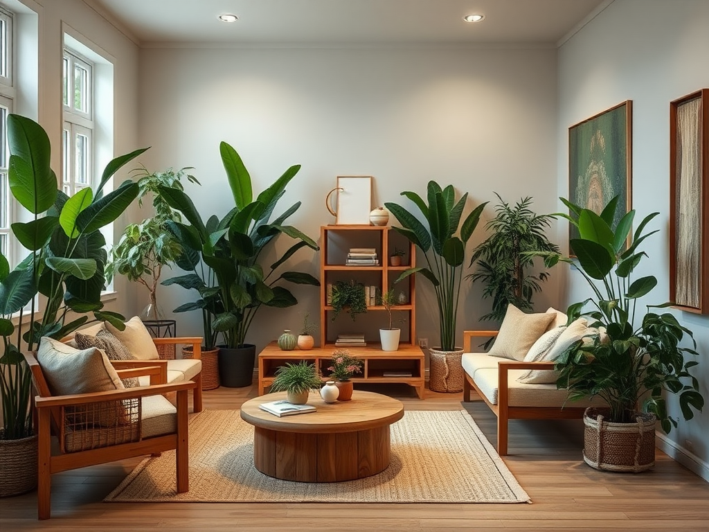 Een rustige woonkamer met groene planten en houten meubels.