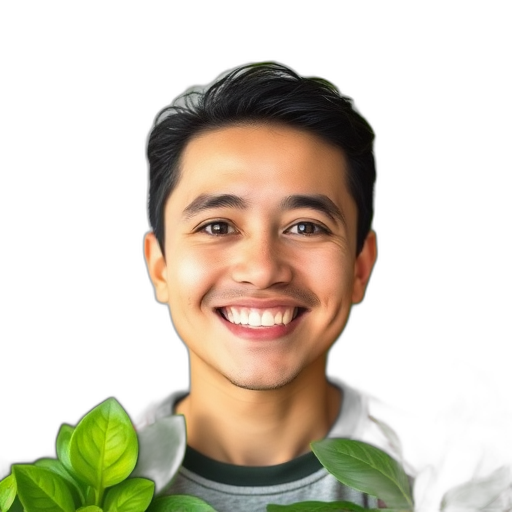 Een lachend persoon met groene bladeren.