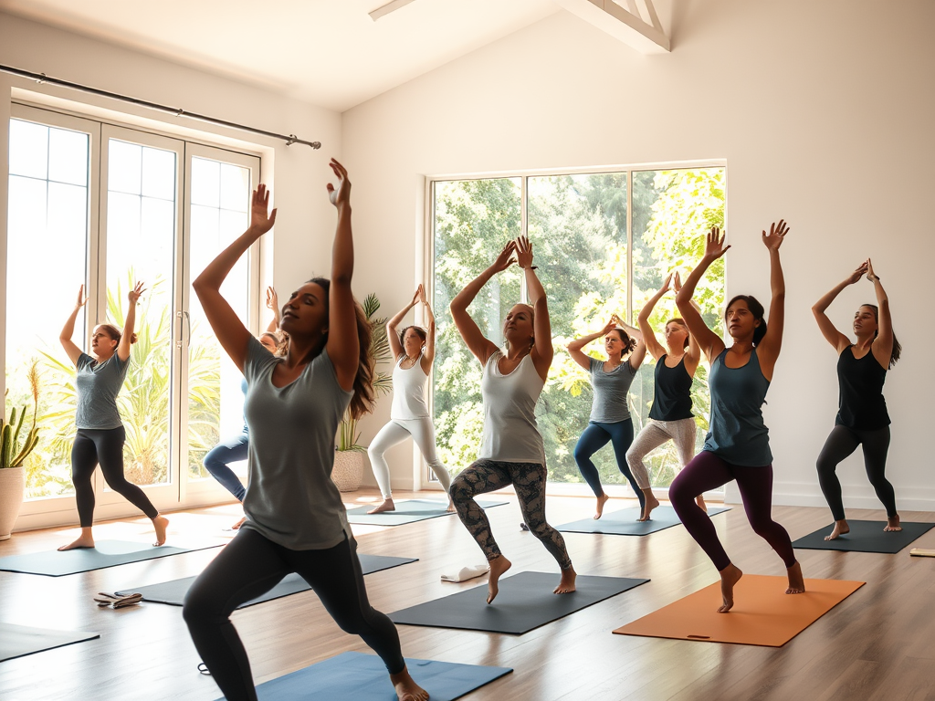 "serene yoga studio" "diverse group practicing basic yoga poses" "soft natural light filtering through large windows" "calm expressions and focused breathing" "peaceful greenery visible outside"
