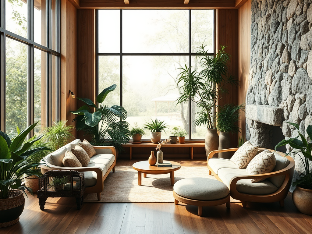 "a serene interior space" with "natural wood furniture," "lush green plants," "soft daylight streaming through large windows," "stone accents," and "organic curved shapes" promoting harmony.
