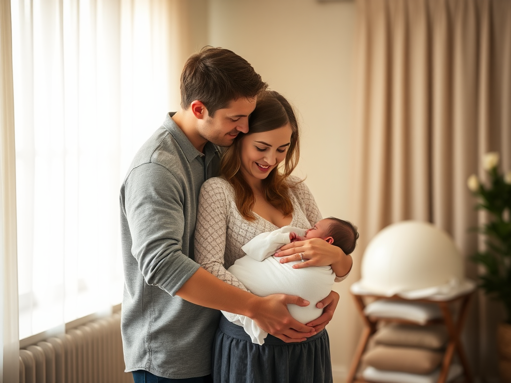 Een serene geboorteomgeving met een ondersteunend stel en baby.