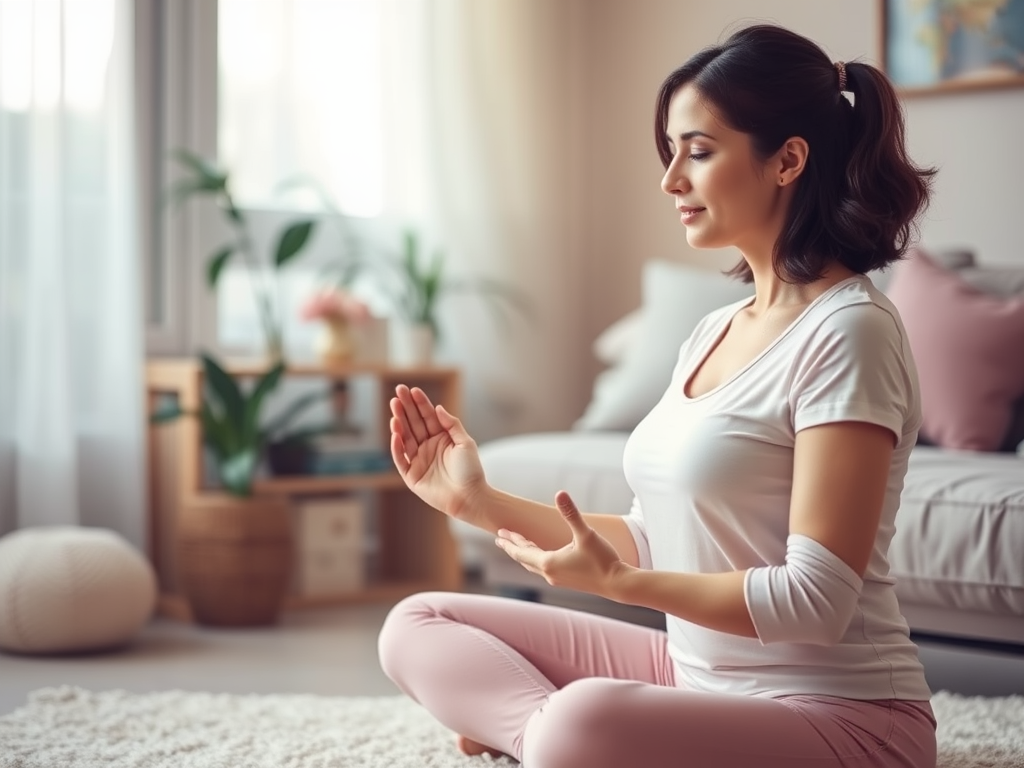 "a serene mother gently exercising" "soft pastel colors" "peaceful home environment" "focus on pelvic floor and breathing exercises" "calm, nurturing atmosphere" "early postpartum recovery"