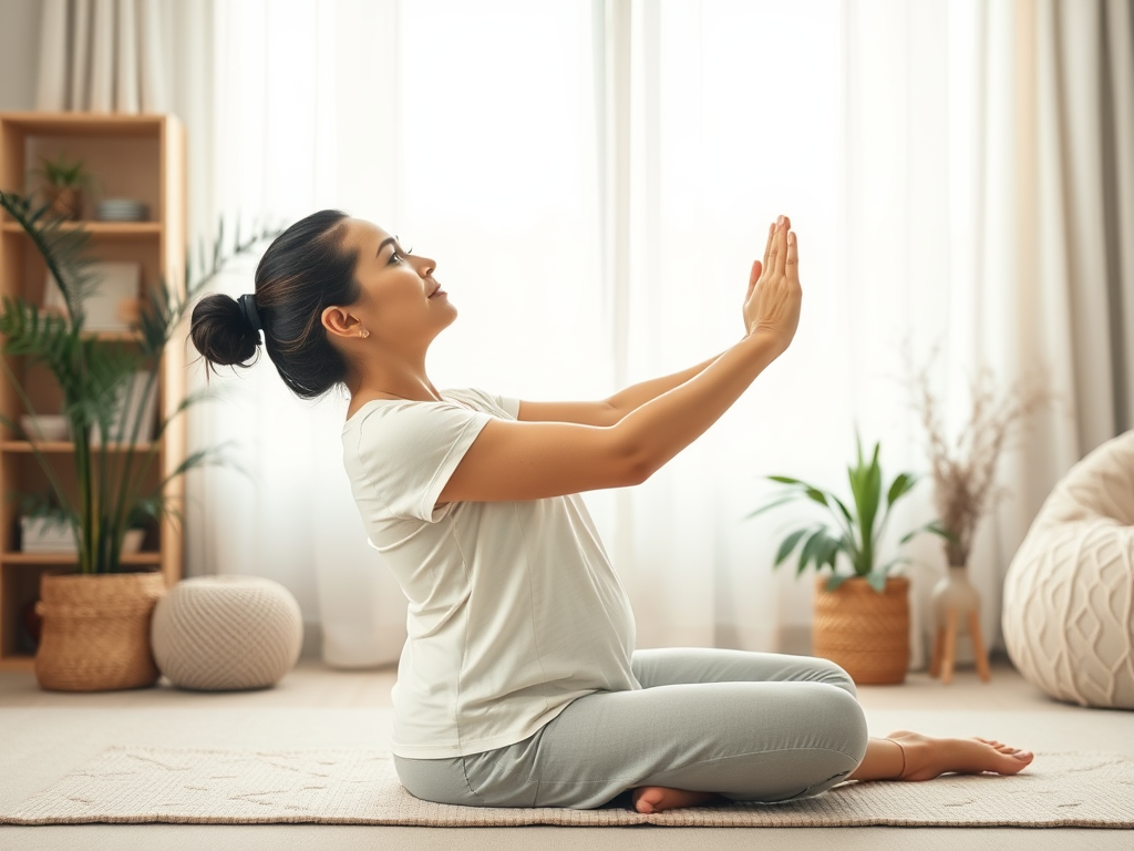 "a serene mother gently exercising" "soft pastel colors" "peaceful home environment" "focus on pelvic floor and breathing exercises" "calm, nurturing atmosphere" "early postpartum recovery"