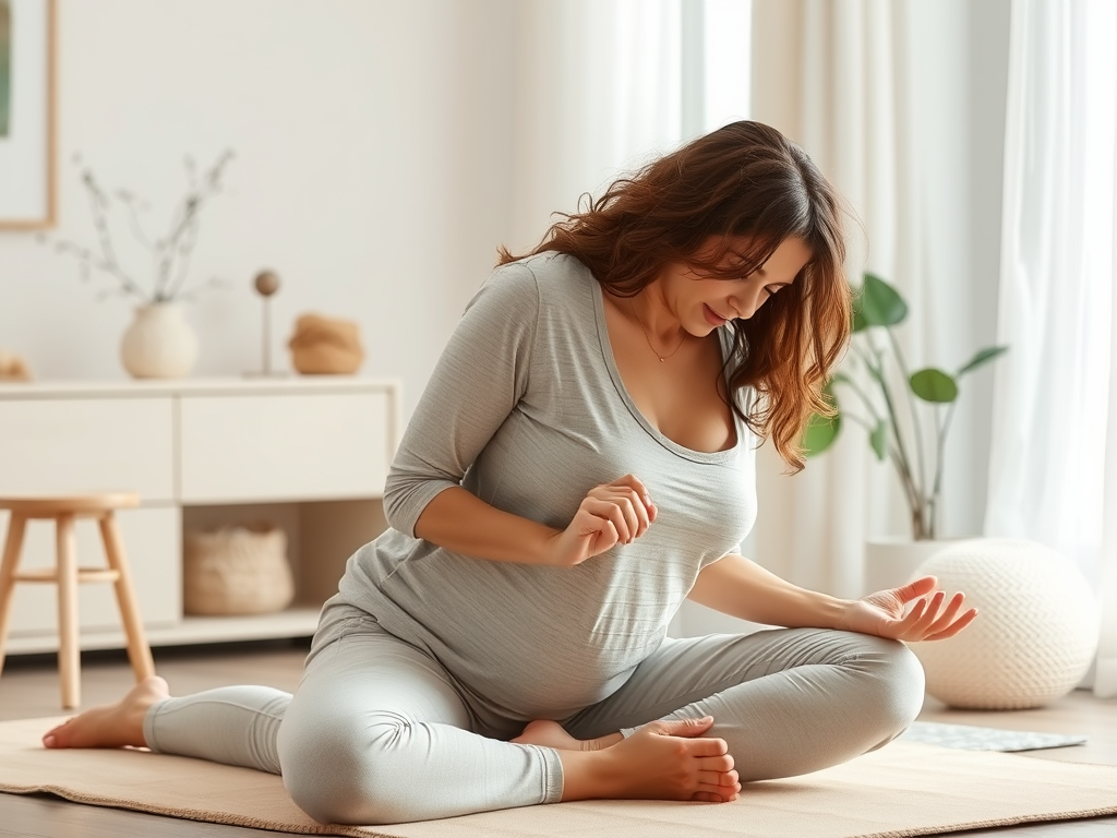 "a serene mother gently exercising" "soft pastel colors" "peaceful home environment" "focus on pelvic floor and breathing exercises" "calm, nurturing atmosphere" "early postpartum recovery"