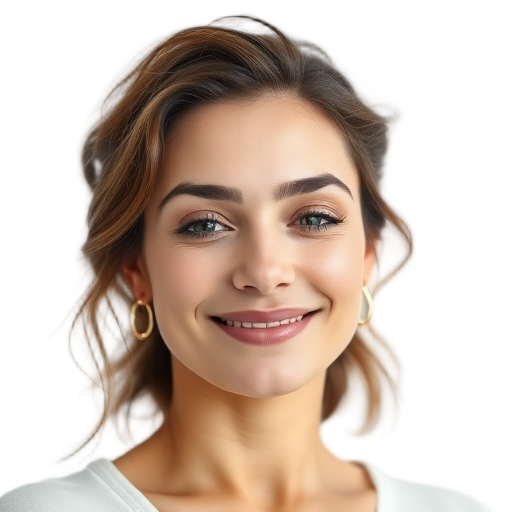 A serene woman smiling softly with natural makeup and loose hair, white background, embodying strength and gentle postpartum recovery.