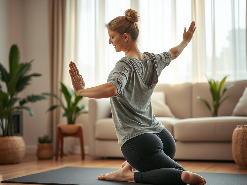 A serene mother gently exercising in soft morning light, "calm living room with plants," "soft pastel colors," "peaceful expression," "gentle stretching focusing on pelvis and back," "natural cozy setting."