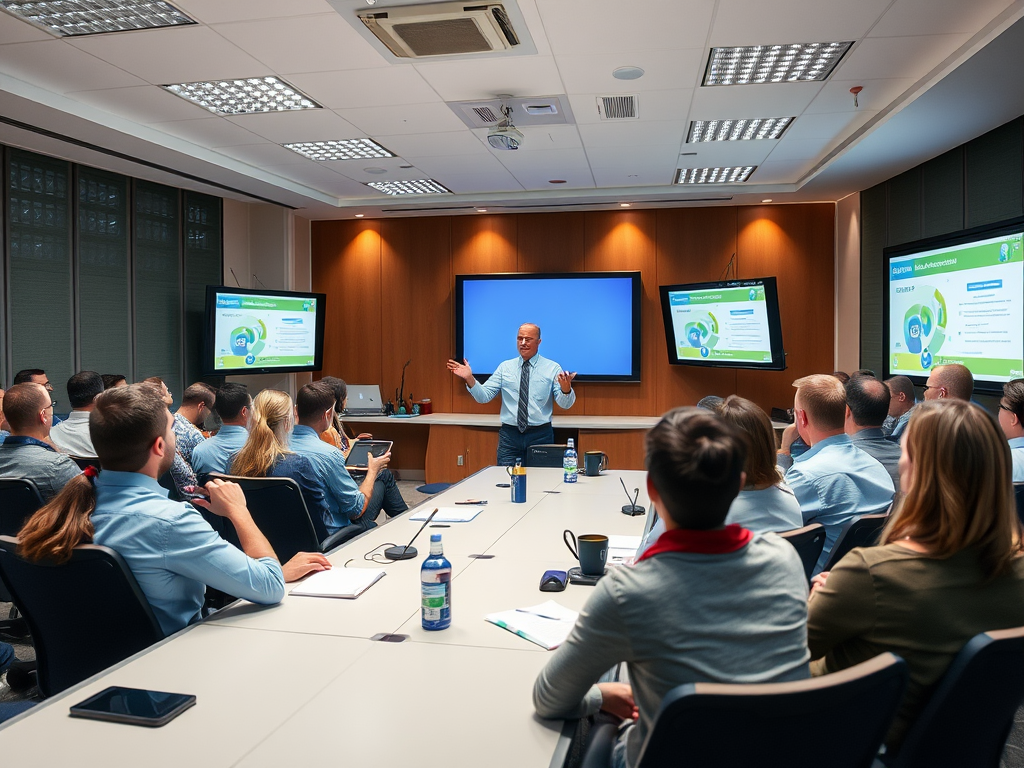 Een levendige trainingsruimte met een energieke spreker en deelnemers.