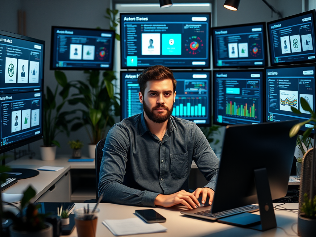Een ondernemer aan een bureau met digitale schermen en planten.