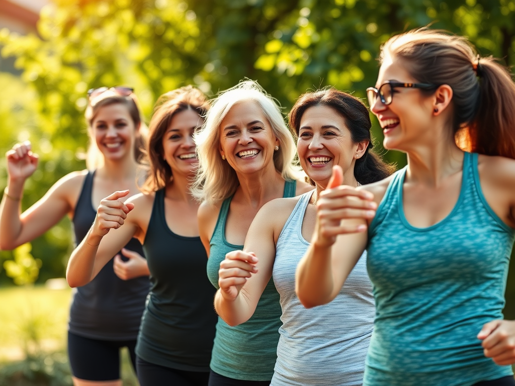 Een diverse groep lachende vrouwen in de natuur.